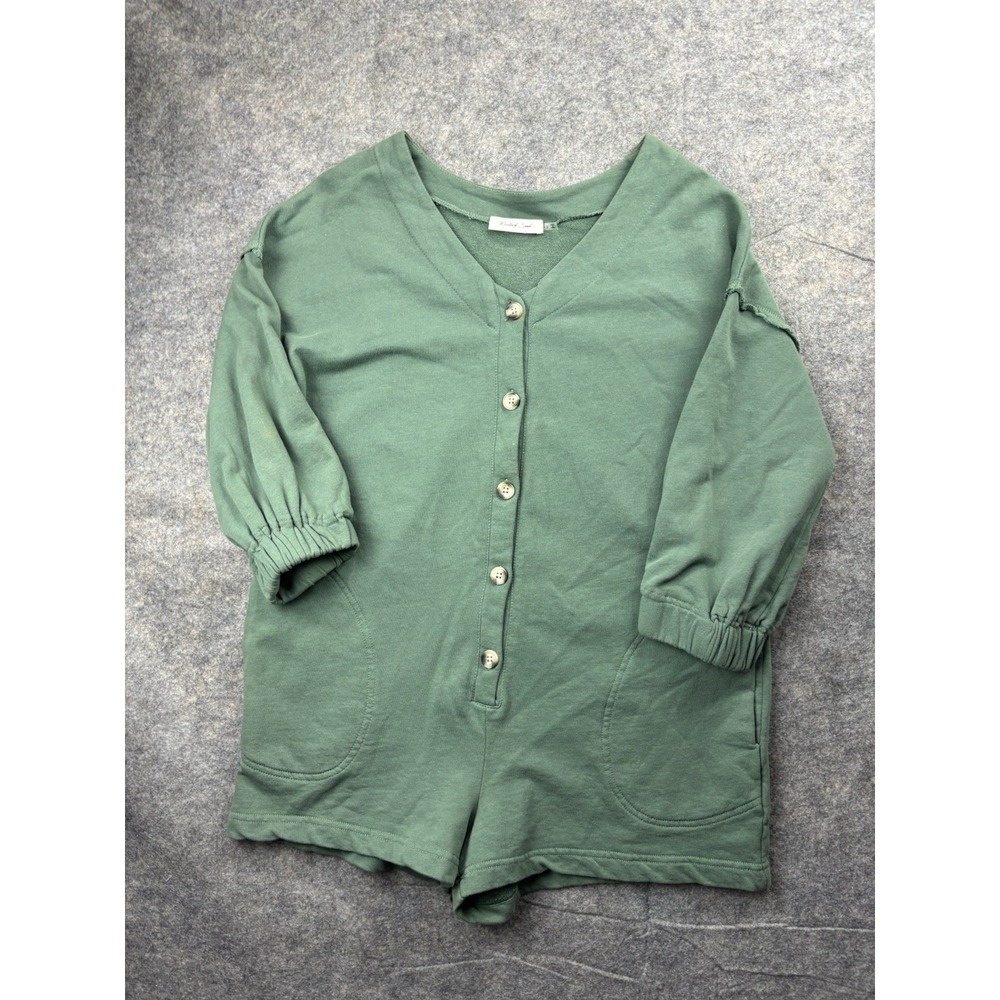 Mustard Seed Sage Green Button Front Sweatshirt Romper Pockets Boho Womens S